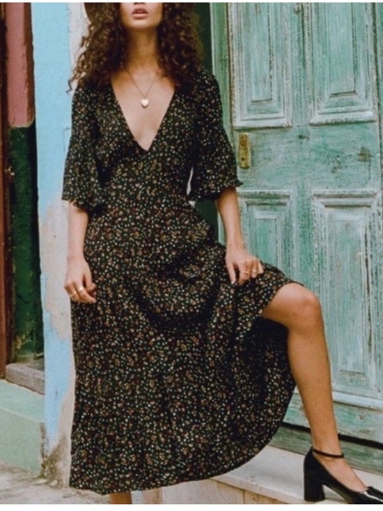 Faithfull the Brand Dresses & Skirts - Anthropologie Faithfull the Brand Melia Black Floral Bell Sleeve Midi Dress M